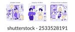 AI Fashion Technology set. Digital fashion assistant, virtual fitting room, and smart color match system. Interactive shopping experience with modern AI tools. Vector illustration.