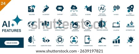AI features icon. Containing AI image generation, chatbot, robotic, AI video generation, computer vision. Solid vector icons set.