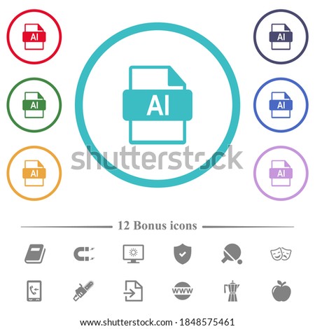 AI file format flat color icons in circle shape outlines. 12 bonus icons included.