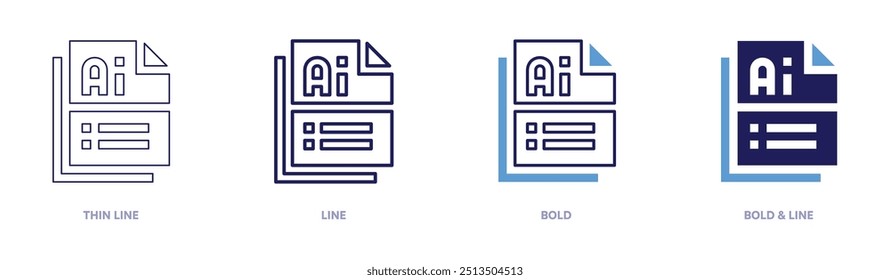 Icono de formato de archivo Ai en 4 estilos diferentes. Línea delgada, línea, negrita y línea negrita. Estilo duotono. Trazo editable.