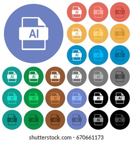 AI file format multi colored flat icons on round backgrounds. Included white, light and dark icon variations for hover and active status effects, and bonus shades on black backgounds.