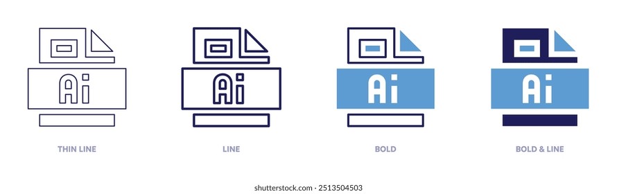 Icono de archivo Ai en 4 estilos diferentes. Línea delgada, línea, negrita y línea negrita. Estilo duotono. Trazo editable.