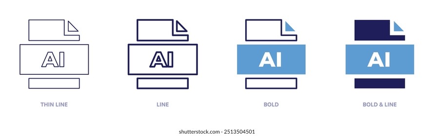 Icono de archivos Ai en 4 estilos diferentes. Línea delgada, línea, negrita y línea negrita. Estilo duotono. Trazo editable.