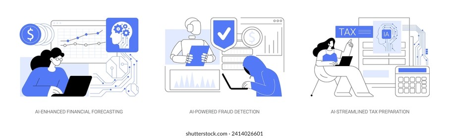 AI en el juego de ilustraciones vectoriales abstractas de concepto de Finanzas y Contabilidad. Análisis de las tendencias financieras mejoradas por IA, detección de fraude impulsada por IA, metáfora abstracta de preparación tributaria optimizada por IA.