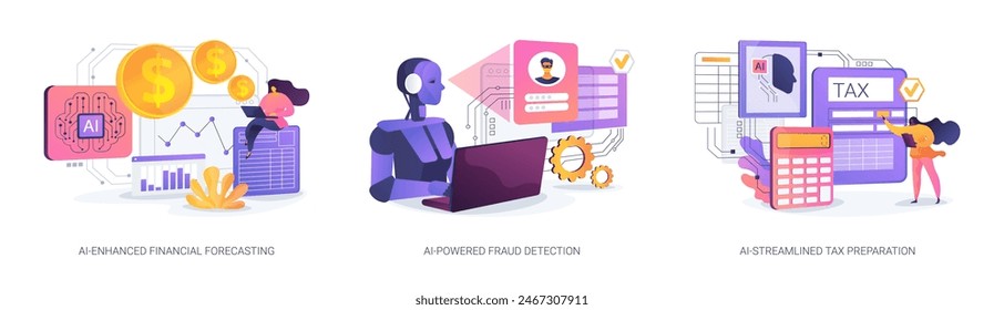 AI en Finanzas y Contabilidad abstracto conjunto de Ilustración vectorial de conceptos. Predicción de tendencias financieras mejoradas por IA, detección de fraude impulsada por IA, metáfora abstracta de la preparación de impuestos optimizada por IA.