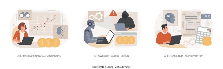 AI in Finance and Accounting abstract concept vector illustration set. AI-Enhanced Financial trends Forecasting, AI-Powered Fraud Detection, AI-Streamlined Tax Preparation abstract metaphor.