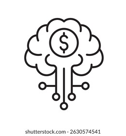 Vetor de ícone de linha cerebral de finanças de IA, com traço editável, perfeito para sistemas financeiros neurais, consultores robóticos e plataformas de investimento inteligentes