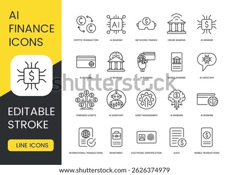 AI finance icon set with editable stroke style for banking automation crypto transactions metaverse investment tokenized assets and digital finance solutions in fintech apps