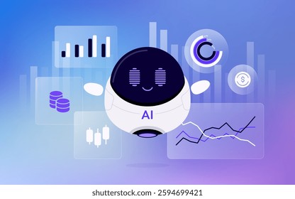 AI finance robot with a virtual assistant interface analyzing data for investment and trading innovation futuristic infographic for banking money management application chart technology future