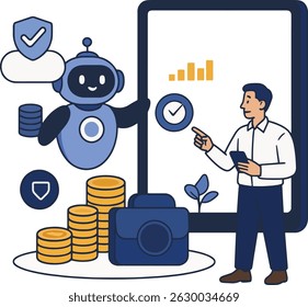 Ilustração do vetor financeiro da AI com robô e homem de negócios