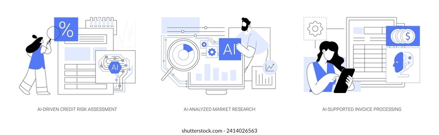 AI in financial management abstract concept vector illustration set. AI-Driven Credit Risk Assessment, AI-Analyzed Market Research, AI-Supported Invoice Processing and payment abstract metaphor.