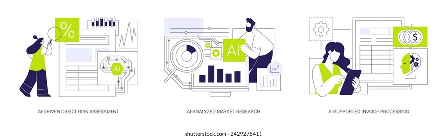 KI im Finanzmanagement abstrakte Konzept Vektor Illustration Set. KI-gestützte Kreditrisikobewertung, KI-analysierte Marktforschung, KI-gestützte Rechnungsabwicklung und abstrakte Zahlungsmetapher.