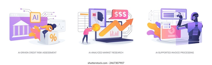 AI in financial management abstract concept vector illustration set. AI-Driven Credit Risk Assessment, AI-Analyzed Market Research, AI-Supported Invoice Processing and payment abstract metaphor.