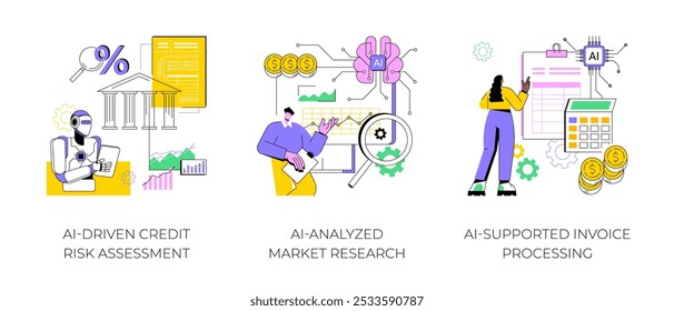 AI in financial management abstract concept vector illustration set. AI-Driven Credit Risk Assessment, AI-Analyzed Market Research, AI-Supported Invoice Processing and payment abstract metaphor.