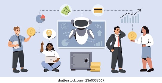 AI in financial management. People use artificial intelligence for effective use of money. Online robotic with innovative technologies help financiers automate banking payments, deposits or transfers.