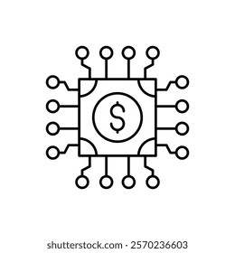 AI in fintech line icon design. Implementation AI in finance sector. Dolar with chip circuit line design