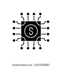 AI in fintech solid icon design. Implementation AI in finance sector. Dolar with chip circuit design