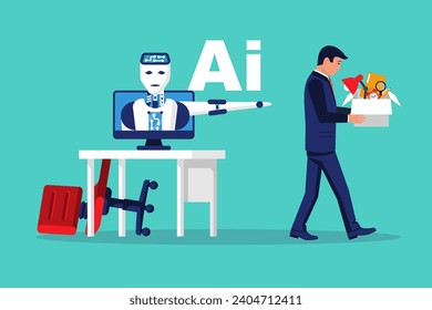 Ai despide a un empleado. El robot de Inteligencia Artificial reemplaza el trabajo humano. Diseño plano de ilustración vectorial. Aislado sobre fondo blanco. Las tecnologías reemplazan a las personas. Industria de la robótica.