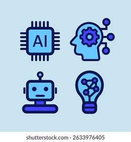AI flat icons set. Vector illustration on the topic of Artificial Intelligence. Isolated objects