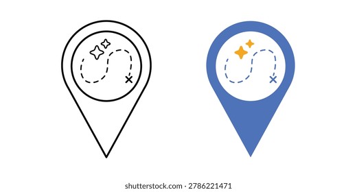 AI fleet optimizer icon. Map pin with internal pathfinding spark symbol. Route optimization concept. Navigation technology graphic. Minimal flat design element.