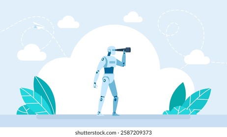 AI forecasting. Ai or artificial intelligence vector concept with ai robot looking through telescope into future. Data analyzing, technology concept. Innovation, automation. Vector illustration.