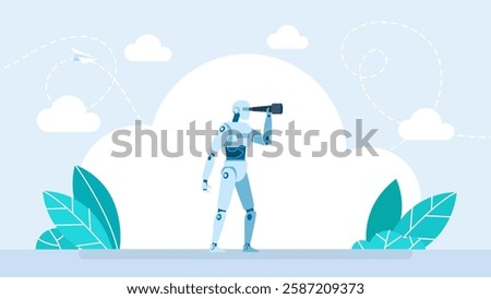 AI forecasting. Ai or artificial intelligence vector concept with ai robot looking through telescope into future. Data analyzing, technology concept. Innovation, automation. Vector illustration.