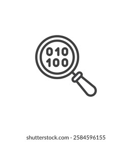 AI Fraud Detection line icon. linear style sign for mobile concept and web design. A magnifying glass scanning binary code outline vector icon. Symbol, logo illustration. Vector graphics