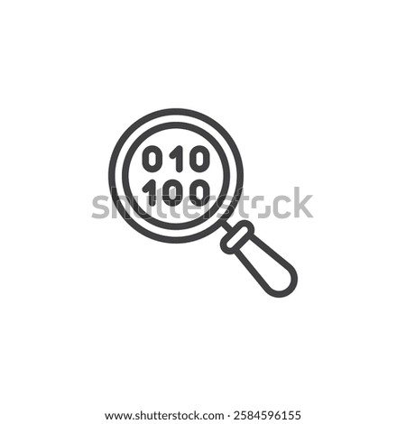 AI Fraud Detection line icon. linear style sign for mobile concept and web design. A magnifying glass scanning binary code outline vector icon. Symbol, logo illustration. Vector graphics