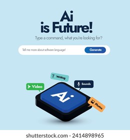 AI is future concept. Artificial intelligence is future concept with chatbot icons and search bar. Ai tools icon of image generation, music production. Type what you are looking for. 