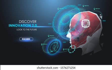 AI, future concept with futuristic HUD elements. Face Recognition. Cyber artificial intelligence, Robot face. Virtual assistant HUD user display technology.