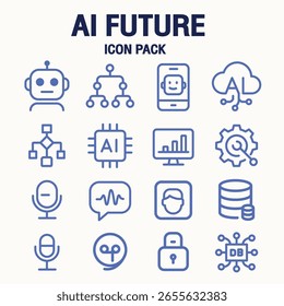 AI Future Icon Set - 16 Minimal Flat Icons for Technology and Web Design. Vector illustration
