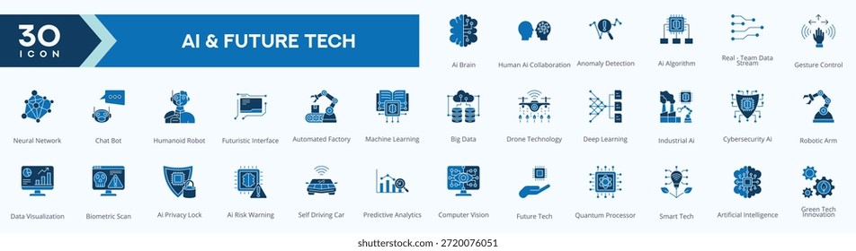 AI und Future Tech Icons Sammlung Vektorbilder Duo Tone Set.
, die das Gehirn , die Zusammenarbeit mit der menschlichen Luft , die Erkennung von Anomalien , den Algorithmus der Luft und vieles mehr enthalten.
für Websymbole festgelegt.