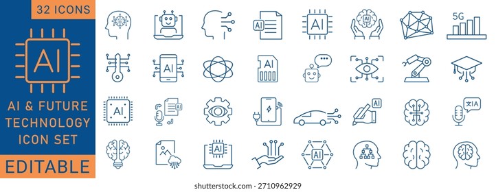 Ikonensatz der KI- und Zukunftstechnologie mit neuronalen Netzwerken, Robotik, Automatisierung, Datenverarbeitung, maschinellem Lernen, Cybersicherheit, digitaler Innovation und intelligenten Systemen. Perfekt für Dashboards,
