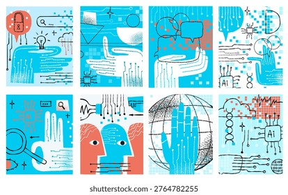 AI and future technology naive digital mind bold vector isolated cute illustrations of a robotic hand circuit board microchip key padlock cloud and email for sticker print and branding