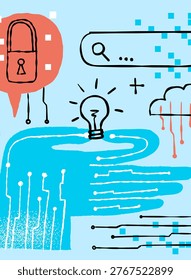 AI and future technology naive digital mind bold vector isolated cute illustrations of a robotic hand circuit board microchip key padlock cloud and email for sticker print and branding