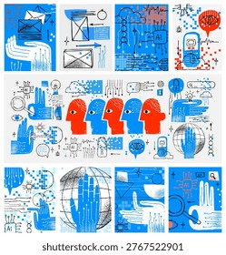 AI and future technology naive digital mind bold vector isolated cute illustrations of a robotic hand circuit board microchip key padlock cloud and email for sticker print and branding