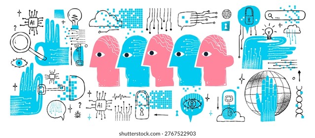 AI and future technology naive digital mind bold vector isolated cute illustrations of a robotic hand circuit board microchip key padlock cloud and email for sticker print and branding