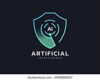 AI future technology protection shield protect and scanning for cyber security, data, intelligence search, check, examine, audit, follow, finding, verify, survey, analyze logo vector design concept.