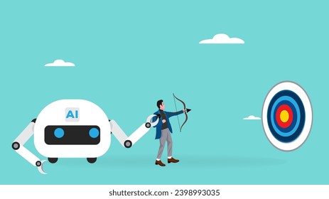 AI with future of the work illustration with the concept of an AI robot that helps a businessman pull arrows to aim at targets, human and robot collaboration in the workplace modern flat design style