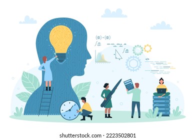 AI futuristic technology, machine learning vector illustration. Cartoon tiny people repair light bulb in brain of abstract head with circuits inside, training tech mind, ideas and imagination