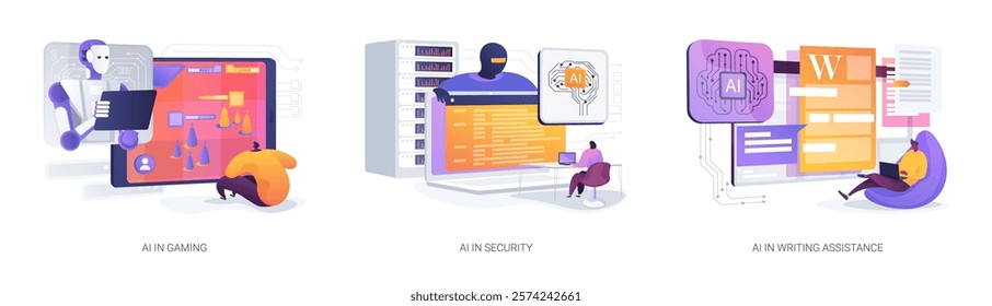 AI for Gaming and Security abstract concept vector illustration set. Adaptive AI gaming opponent, cyber threat detection, and AI-assisted writing enhancement. abstract metaphor.