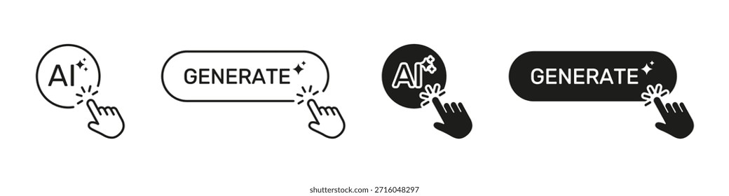 Botão Gerar Ai Clique No Ícone Definir. Ativação De Inteligência Artificial E Estrutura De Tópicos De Criação De Conteúdo E Coleção De Símbolos De Silhueta. Ilustração de vetor isolada.