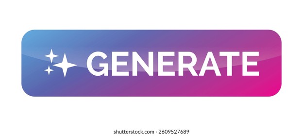 AI generate button with purple-blue gradient, modern UI design for digital interfaces, futuristic tech web element, call-to-action CTA for software, app, online automation, artificial intelligence