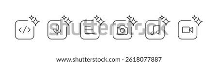 Ai generate button set. Ai generate icons vector. Generate image, music, text, video, speech, code. Create buttons for Ai generator app ui and website. Ai icons vector with editable stroke.