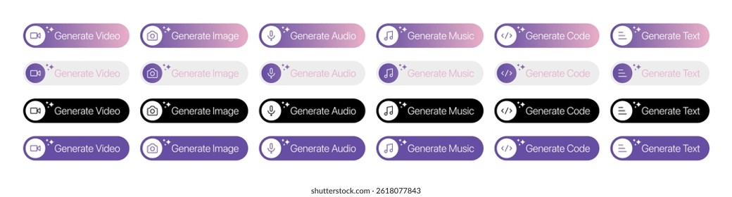 Ai generate buttons. set of buttons for Ai generate image, music, audio, text, code. Artificial intelligence generate media buttons with icons. Vector illustration.