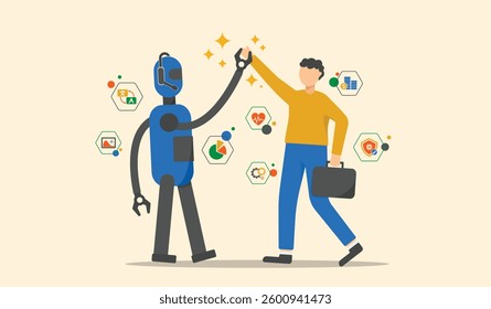 Ai generate concept. Artificial Intelligence assistant for graphic design, translate, chat bot, generate images,write code, advertising,law, customer analysis, security, healthcare, study with cartoon