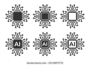 AI Generate icon, Machine learning micropchip symbol, ML icon, Artificial intelligence sign. Vector illustration image. Isolated on white background.