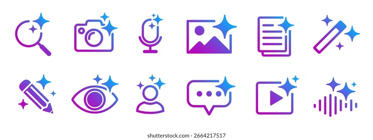 AI generate icon set ai. AI assistant tool icons and app buttons, sparkle star artificial intelligence star logo