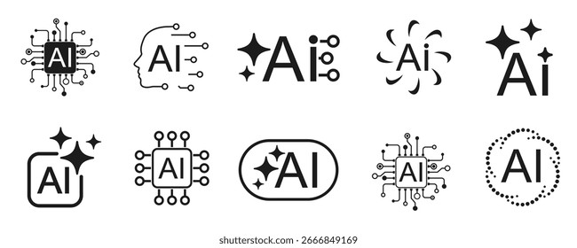 AI generate icon set. AI assistant tool icons and app buttons, magic sparkle star artificial intelligence star logo