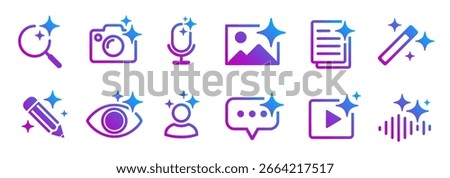 AI generate icon set ai. AI assistant tool icons and app buttons, sparkle star artificial intelligence star logo